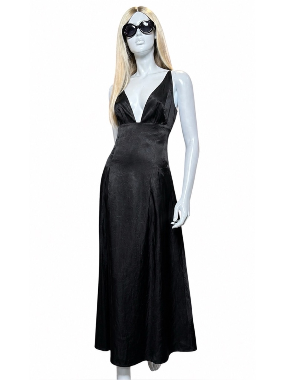 J.Crew Black Satin Slip Dress Size 8 Deep V Minimalist Quiet Luxury 90s Style